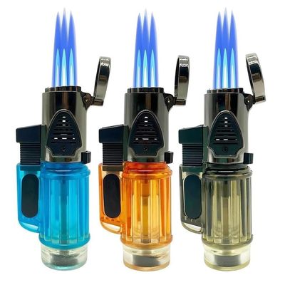 Windproof Butane Torch Lighter, Jet Triple Flame Butane Gas Lighter, Adjustable Windproof Flame Lighter With Transparent Fuel Window And Flame Retention Lock, Portable Cigar Lighter For Candle Camping