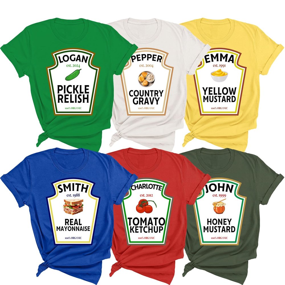 DT POD Ketchup Mustard Mayonnaise Relish Ranch Costume Shirt, Group Condiments Shirts, Halloween 2024 Costume Matching Group T-Shirt (Group Condiments Custom Name), Medium
