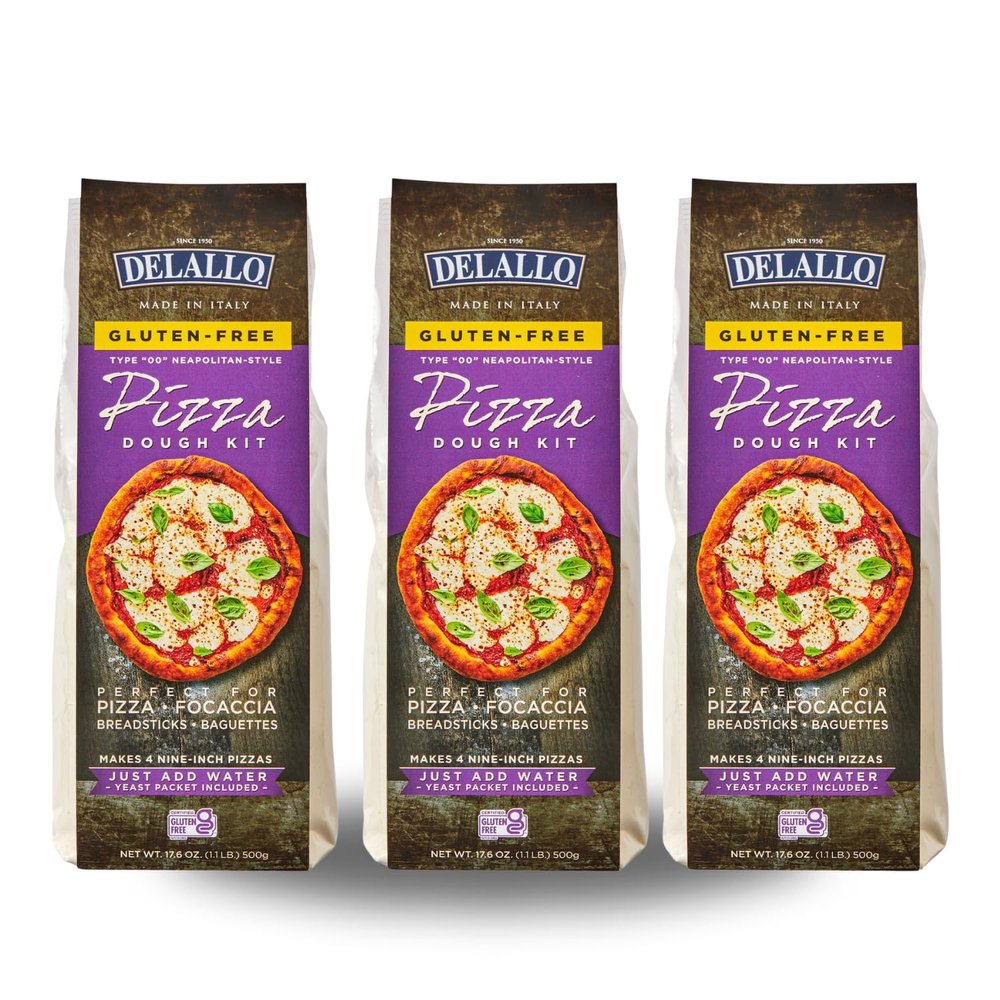 DeLallo Gluten Free Flour Pizza Kit, 17 Oz Bag, (3 Pack), All Purpose Pizza Dough Mix for Baking Crust, Bread and Calzones, Vegan, Dairy Free