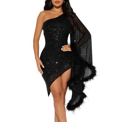 Generic Women'S Sequin Long Sleeves One Shoulder Dress Sparkly Glitter Party Pencil Bodycon Dresses Elegant Cocktail Maxi Dress (Large,Black)