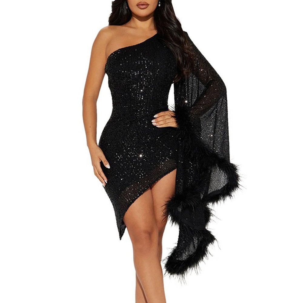 Generic Women'S Sequin Long Sleeves One Shoulder Dress Sparkly Glitter Party Pencil Bodycon Dresses Elegant Cocktail Maxi Dress (Large,Black)