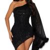 Generic Women'S Sequin Long Sleeves One Shoulder Dress Sparkly Glitter Party Pencil Bodycon Dresses Elegant Cocktail Maxi Dress (Large,Black) view 3