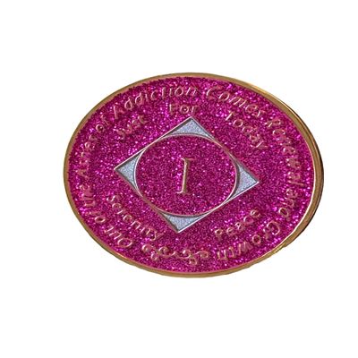 32 Year NA Style Clean Time Chip Pink Glitter Tri-Plate Sobriety Chip