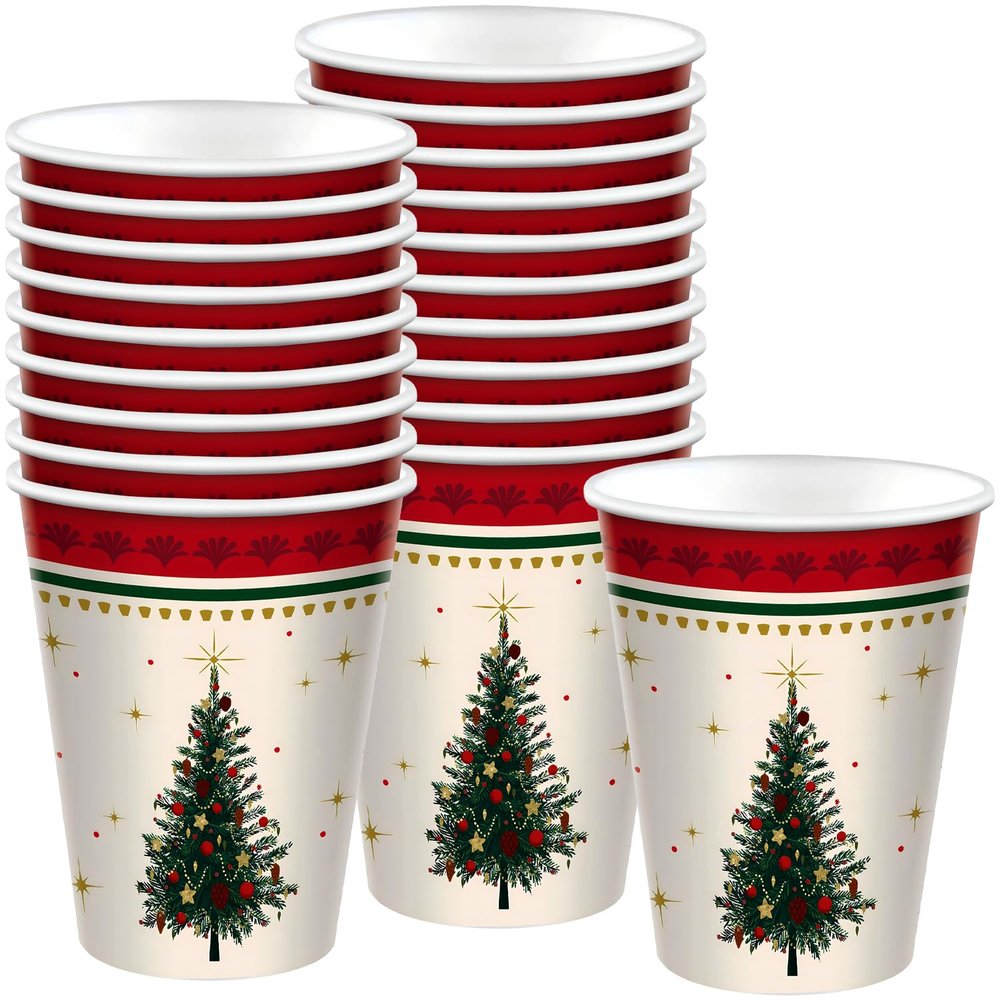 Amscan Elegant Evergreen Multicolor Paper Cups (9 oz) Pack of 20 - Stylish & Durable Disposable Drinkware for Holiday Parties & Events