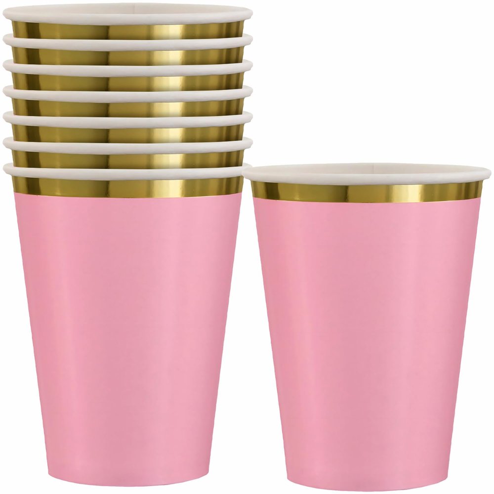 Amscan Premium Rose Pink Paper Cups With Hot Stamp (12 oz) Pack of 8 - Elegant Disposable Drinkware for Any Parties and Events