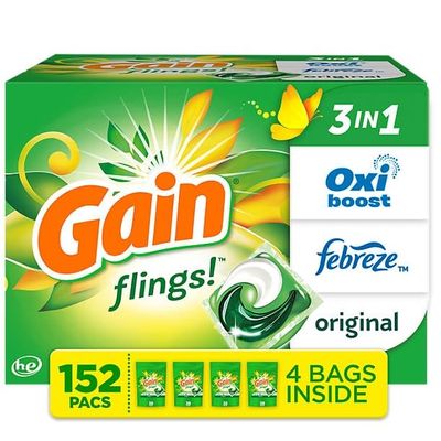 Gain flings! Liquid Laundry Detergent Soap Pacs, HE Compatible, 4 Bag Value Pack, 152 Count, Long Lasting Scent, Original Scent
