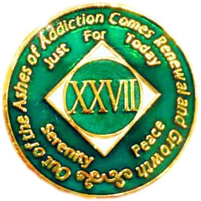 29 Year NA Style Clean Time Chip Metallic Green Tri-Plate Sobriety Chip
