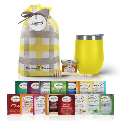 Tea Gift Set for Women & Men  Includes Assorted Teas, Elegant Mug & Honey (Yellow)