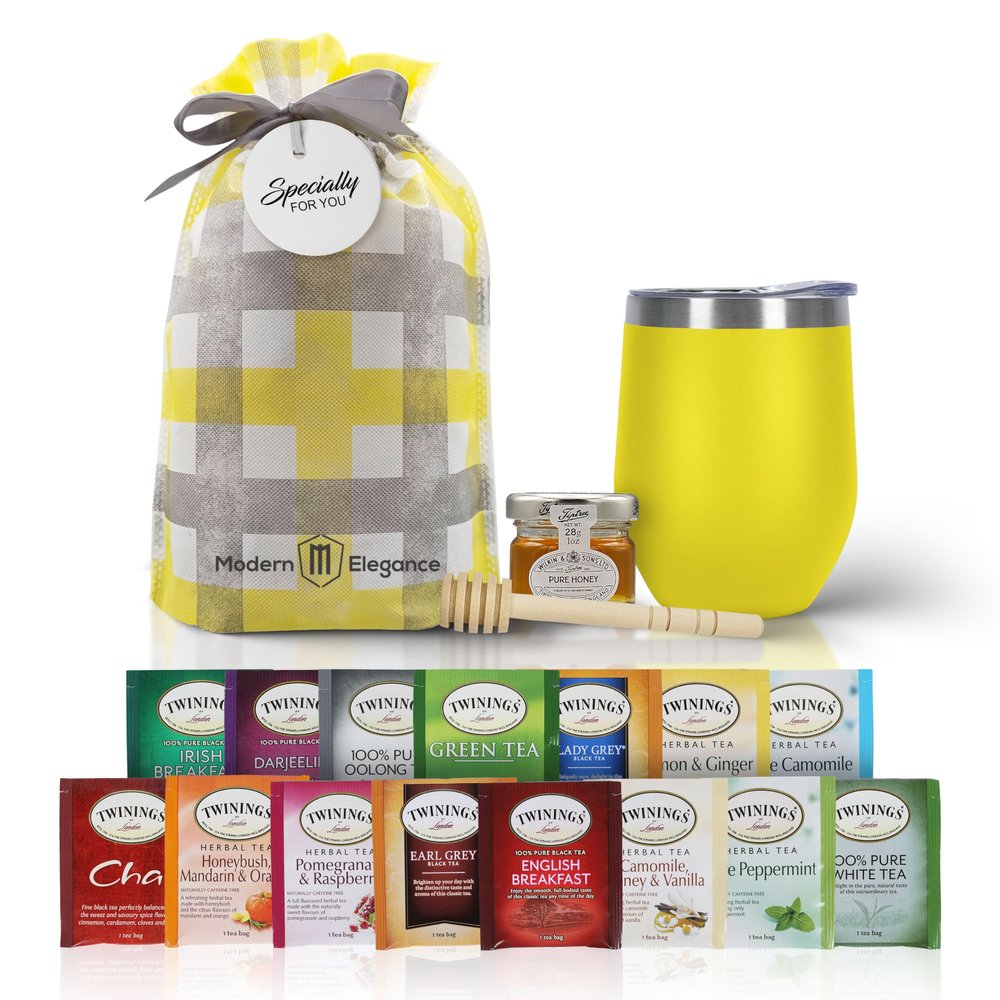 Tea Gift Set for Women & Men  Includes Assorted Teas, Elegant Mug & Honey (Yellow)
