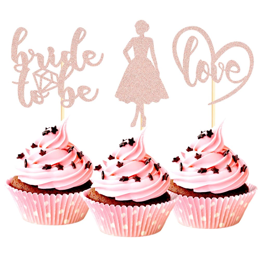 Sotpot 24PCS Bride to Be Cupcake Toppers with Heart Rose Gold Glitter Dress Bridal Shower Cupcake Picks for Wedding Bridal Shower Wedding Engagement Party Cake Decorations