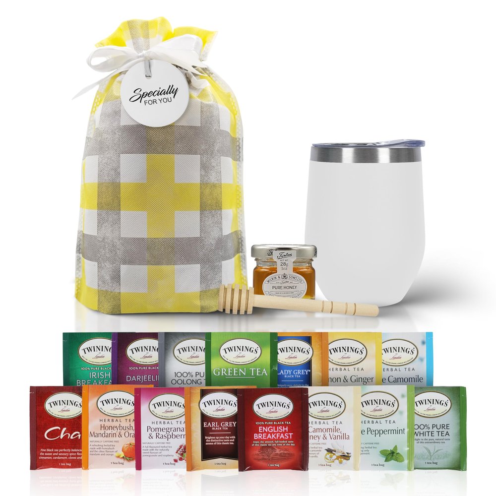 Tea Gift Set for Women & Men  Includes Assorted Teas, Elegant Mug & Honey (White)