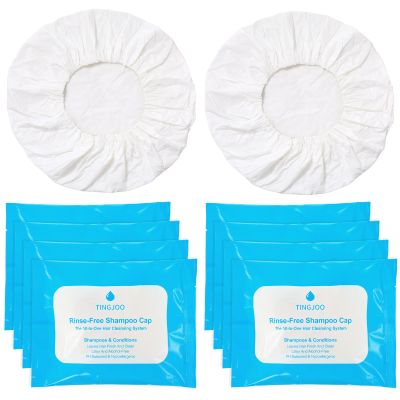 Tingjoo 8 Pcs No Rinse Shampoo Cap Bulk Waterless Rinse Free Disposable Dry Hair Wash Caps for Elderly, Bedridden Patients, Post Surgery, Hospital Stays