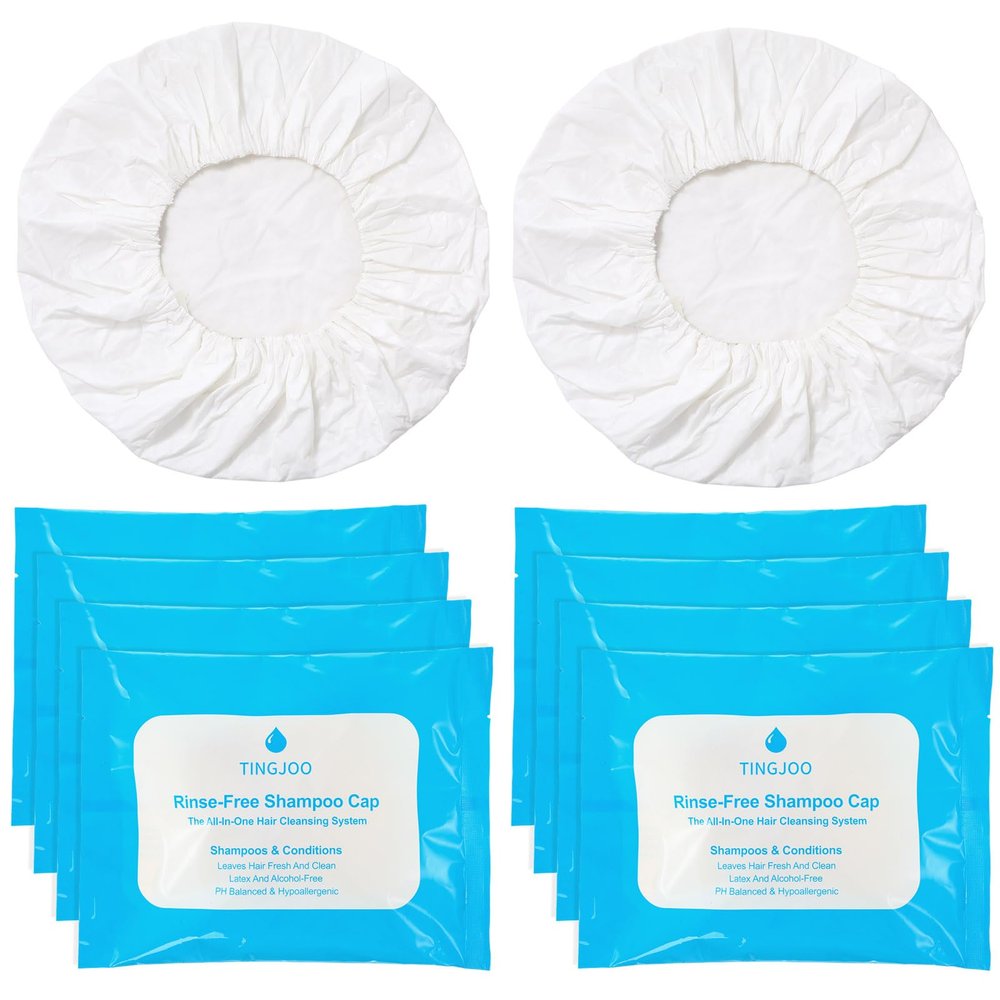 Tingjoo 8 Pcs No Rinse Shampoo Cap Bulk Waterless Rinse Free Disposable Dry Hair Wash Caps for Elderly, Bedridden Patients, Post Surgery, Hospital Stays
