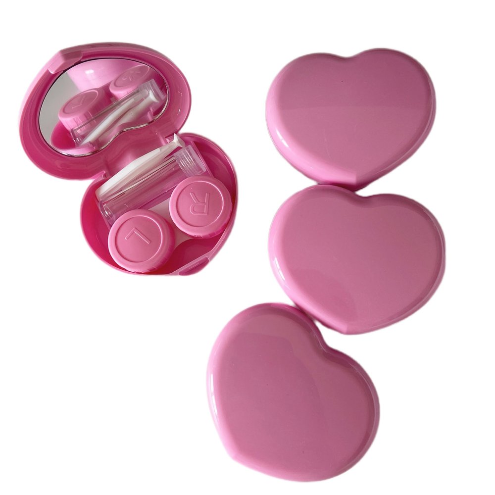 BEDARTIST 4 Packs Heart Shape Contact Lens Cases, Travel Eye Contacts Case Box Holder, Portable Contact Lenses Tweezers Remover Tool Solution Bottle Kit for Daily Outdoor Traveling (Dark Pink)