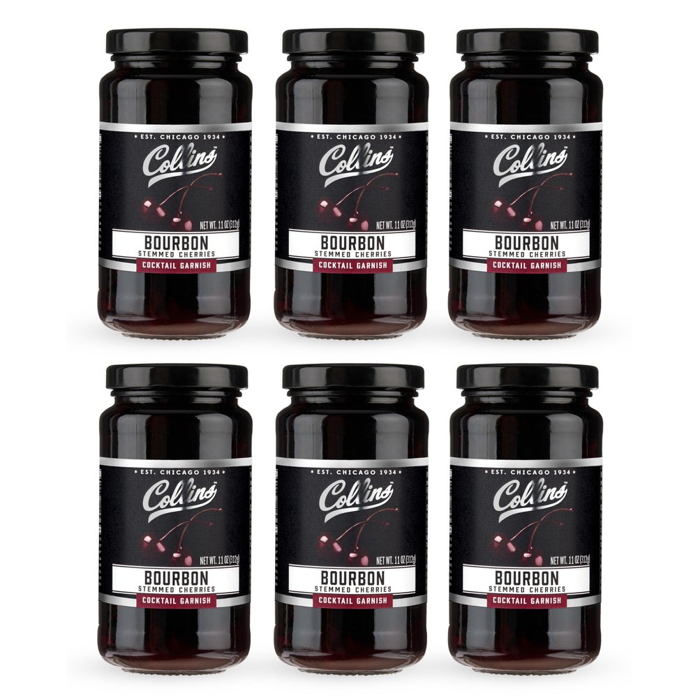 Collins Bourbon Cocktail Cherries - Drinks Garnish for Manhattan or Old Fashioned Cocktails and Desserts, Made with Award Winning Whiskey, Set of 6 11 oz Jars