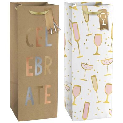 Charming Celebrate Bottle Paper Bags - 12" x 5" (Pack of 2) - Assorted Designs - Perfect for Parties, Holidays, Graduations, and More