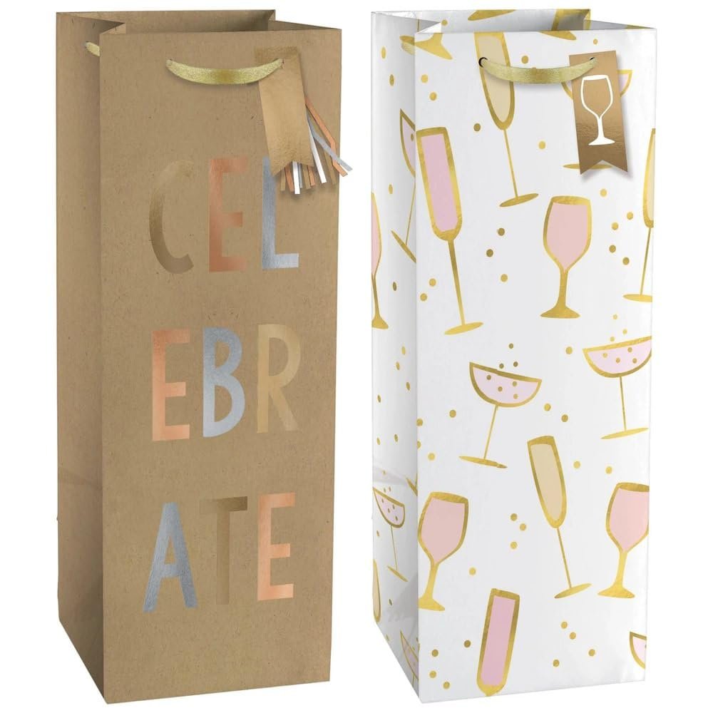 Charming Celebrate Bottle Paper Bags - 12" x 5" (Pack of 2) - Assorted Designs - Perfect for Parties, Holidays, Graduations, and More