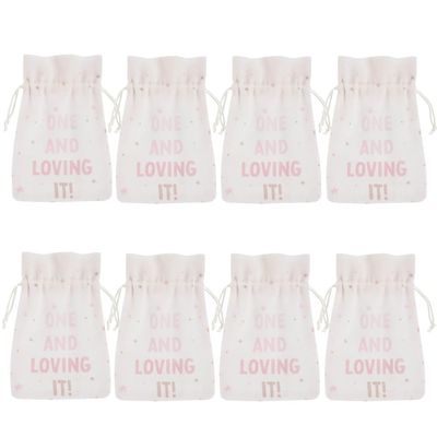 Amscan Charming White Fabric Little Miss One-derful Favor Pouch - 7" x 5" (Pack of 8) - Perfect for Girl First Birthday