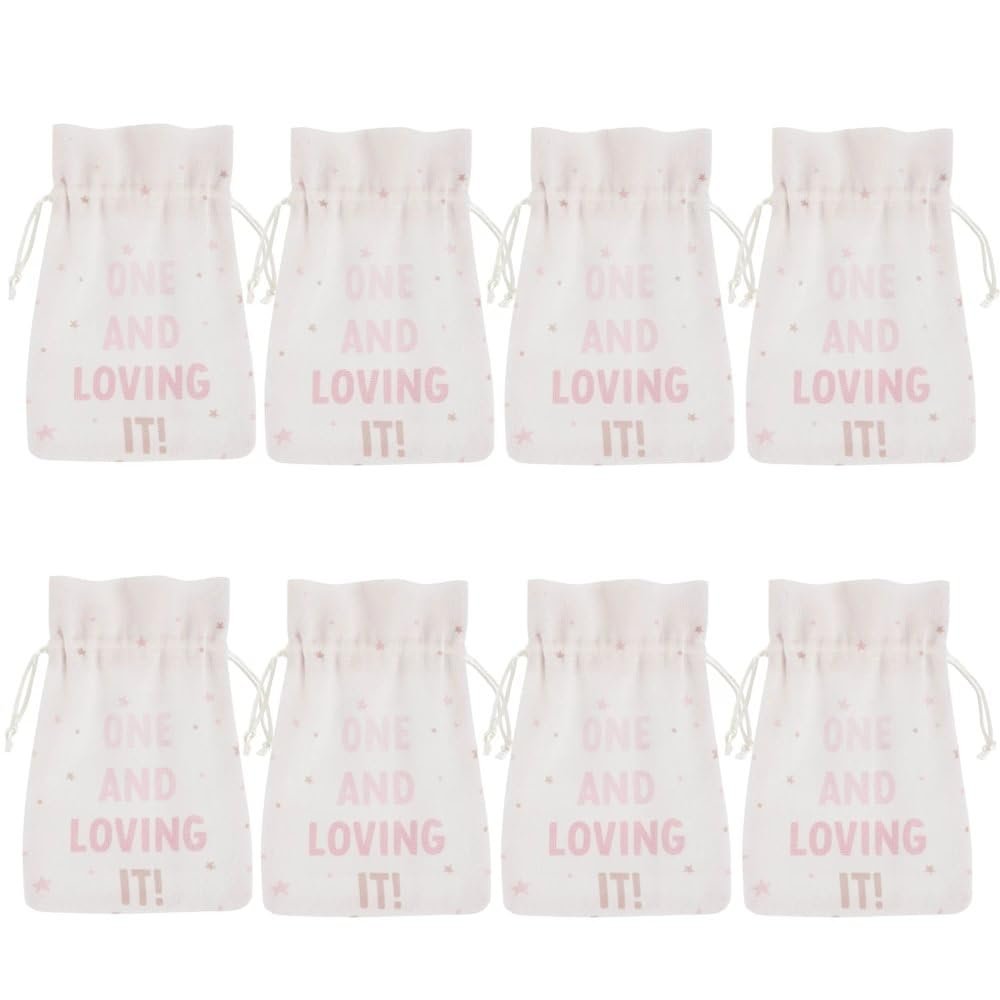 Amscan Charming White Fabric Little Miss One-derful Favor Pouch - 7" x 5" (Pack of 8) - Perfect for Girl First Birthday