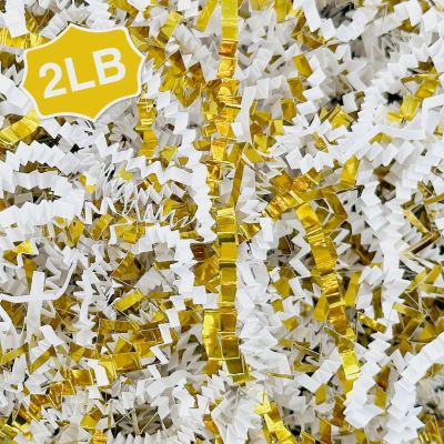 Corlcol 2LB Crinkle Paper Shred Filler for Bag Gift Box Basket Paper Shreded Stuffing Decoration in Party (White & Gold)