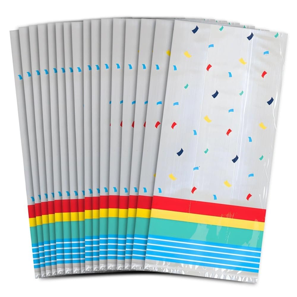 Amscan Vibrant Multicolor Stripe Treat Plastic Bags - 9.5" x 4" (Pack of 16) - Perfect for Birthdays and Special Occasions