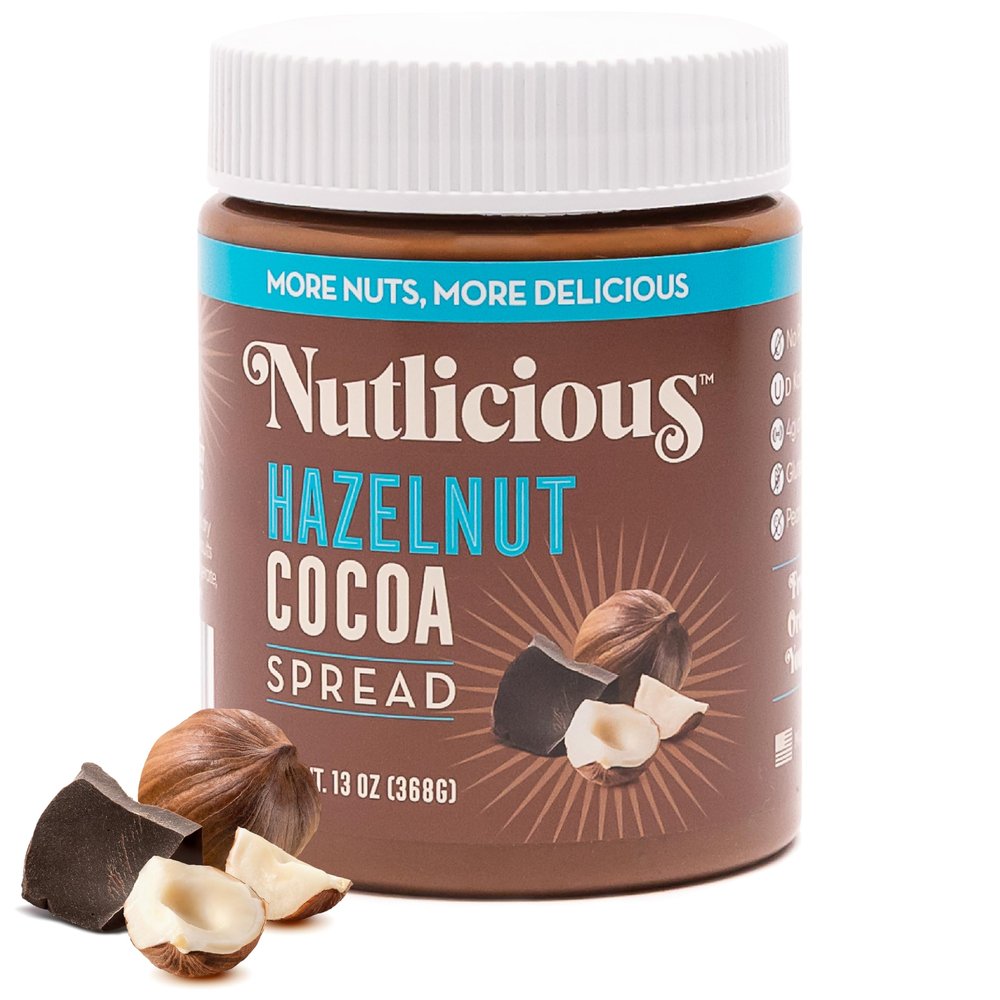 NUTLICIOUS Hazelnut Cocoa Spread (13 oz), Spreadable Roasted Hazelnuts with Cocoa, Made in the USA, No Palm Oil, 4 gm of Protein