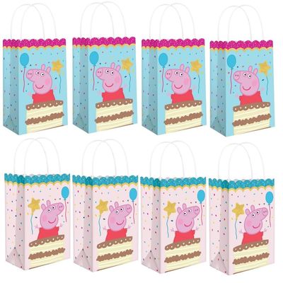 Charming Pink & Blue Peppa Tea Party Printed Kraft Bags - 8" x 5" (Pack of 8) - Perfect for Parties, Gifts & Goodies
