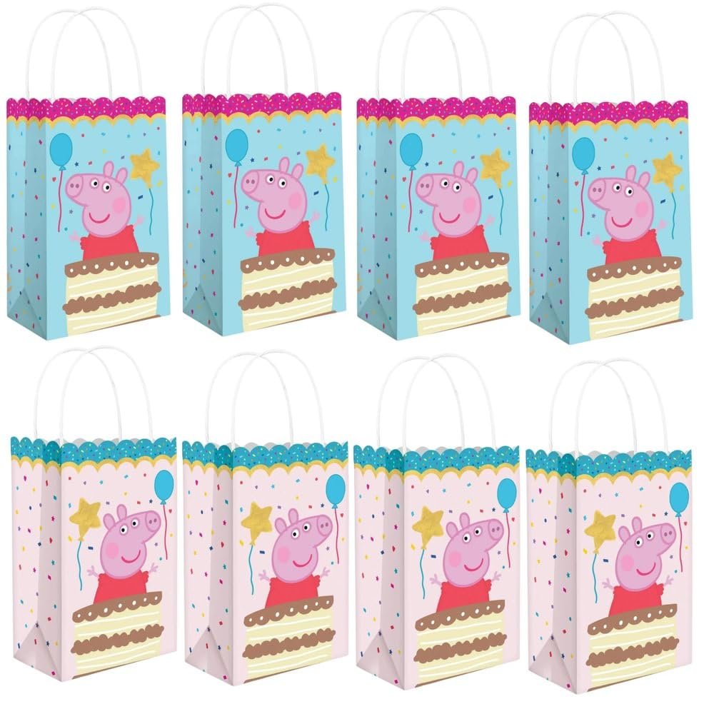 Charming Pink & Blue Peppa Tea Party Printed Kraft Bags - 8" x 5" (Pack of 8) - Perfect for Parties, Gifts & Goodies