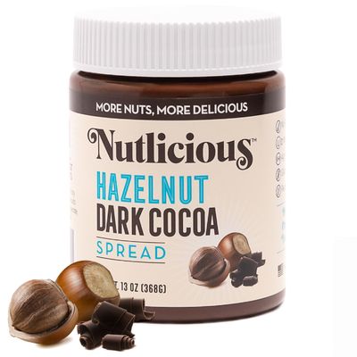 NUTLICIOUS Hazelnut Dark Cocoa Spread (13 oz), Spreadable Rich Dark Cocoa Roasted Hazelnuts, Made in the USA, No Palm Oil, 4g of Protein