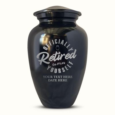Personalized Cremation Urn for Men & Women Adult Ashes - Engraved Aluminum Urn with Name & Humorous Officially Retired Design - Polished Finish Urn for Terrible Office Humor Remains | Polished Black