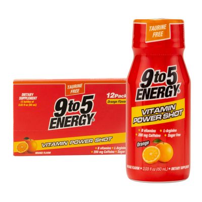 9TO5 ENERGY Vitamin Power Shot - Orange Flavor, Taurine-Free, Sugar-Free, 12 Pack (2.03 fl oz Each) - Boost Energy, Focus, and Vitality with B Vitamins and L-Arginine