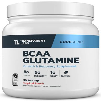 Transparent Labs BCAA Glutamine - 8000 Mg of BCAA Powder with L Glutamine for Post Workout Recovery, Muscle Growth, & Increased Endurance - 30 Servings, Tropical Punch