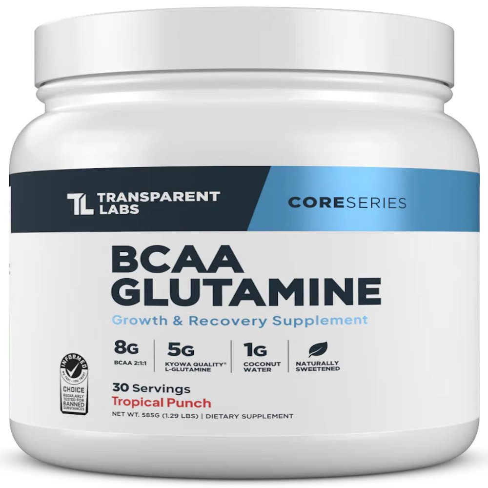 Transparent Labs BCAA Glutamine - 8000 Mg of BCAA Powder with L Glutamine for Post Workout Recovery, Muscle Growth, & Increased Endurance - 30 Servings, Tropical Punch
