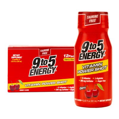 9TO5 ENERGY Vitamin Power Shot - Cherry Flavor, Taurine-Free, Sugar-Free, 12 Pack (2.03 fl oz Each) - Boost Energy, Focus, and Vitality with B Vitamins and L-Arginine