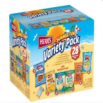 Summer Fun Snacks Variety Pack, 28 Count, Herr's Pretzels, Potato Chips, Cheese Curls, Popcorn