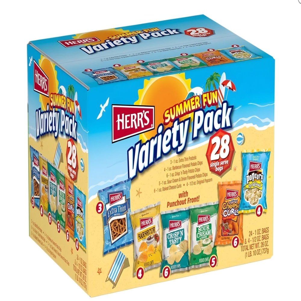 Summer Fun Snacks Variety Pack, 28 Count, Herr's Pretzels, Potato Chips, Cheese Curls, Popcorn