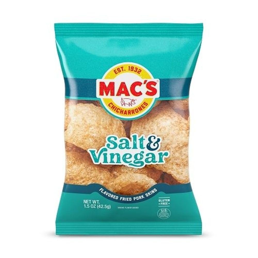 Mac's Pork Skins - Low Carb, Keto Friendly Snack - Crunchy Chicharrones/Pork Rinds (1.5 oz bags, 12 ct) with Perfect Choice's Box (12, Salt & Vinegar)