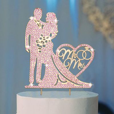 Jaciya Wedding Cake Topper Pink Rhinestone Metal Mr and Mrs Cake Topper Bride and Groom Bridal Shower Party Gold Wedding Decorations Supplies