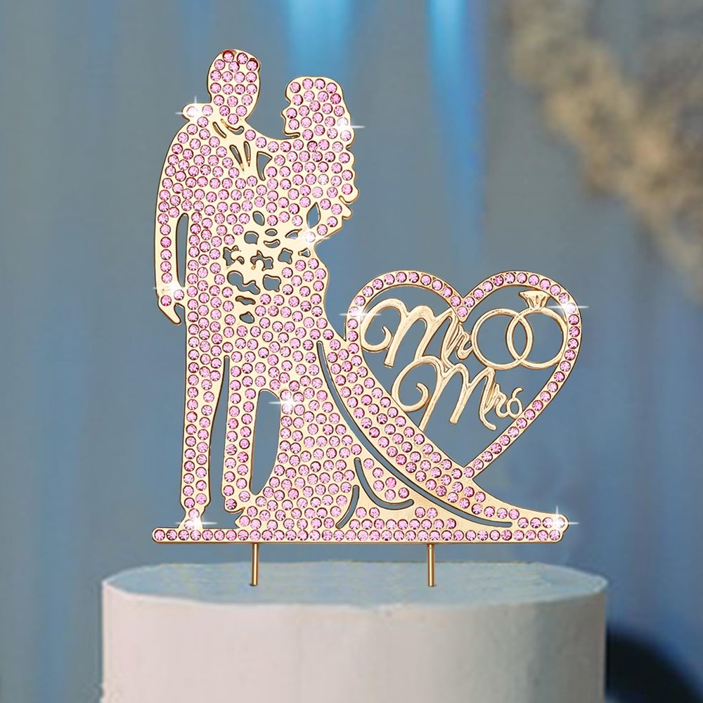 Jaciya Wedding Cake Topper Pink Rhinestone Metal Mr and Mrs Cake Topper Bride and Groom Bridal Shower Party Gold Wedding Decorations Supplies