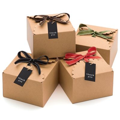 Brown Kraft Cookie Boxes with Ribbons & Tags (20 Pack) 5.8 x 3.7 Small Craft Gift Boxes for Baked Goods, Candy, Treats, Chocolate, Fudge, Christmas, Decorative Food Packaging, Empty, Bulk, Square