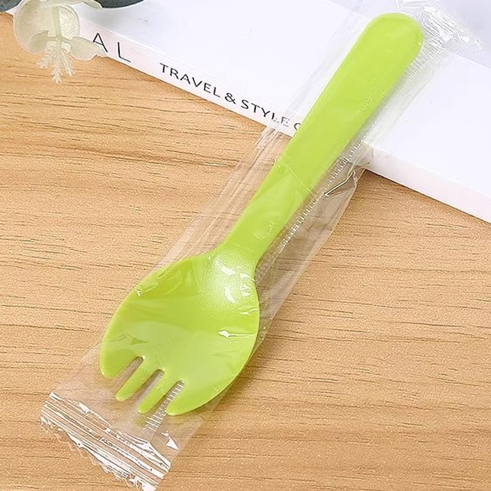 100PCS Disposable Sporks, Individually Packaged Plastic Spork for Cakes, Desserts, Ice Cream, Bread, Fork Spoon for Party, Wedding, Picnics, Buffet (Green)