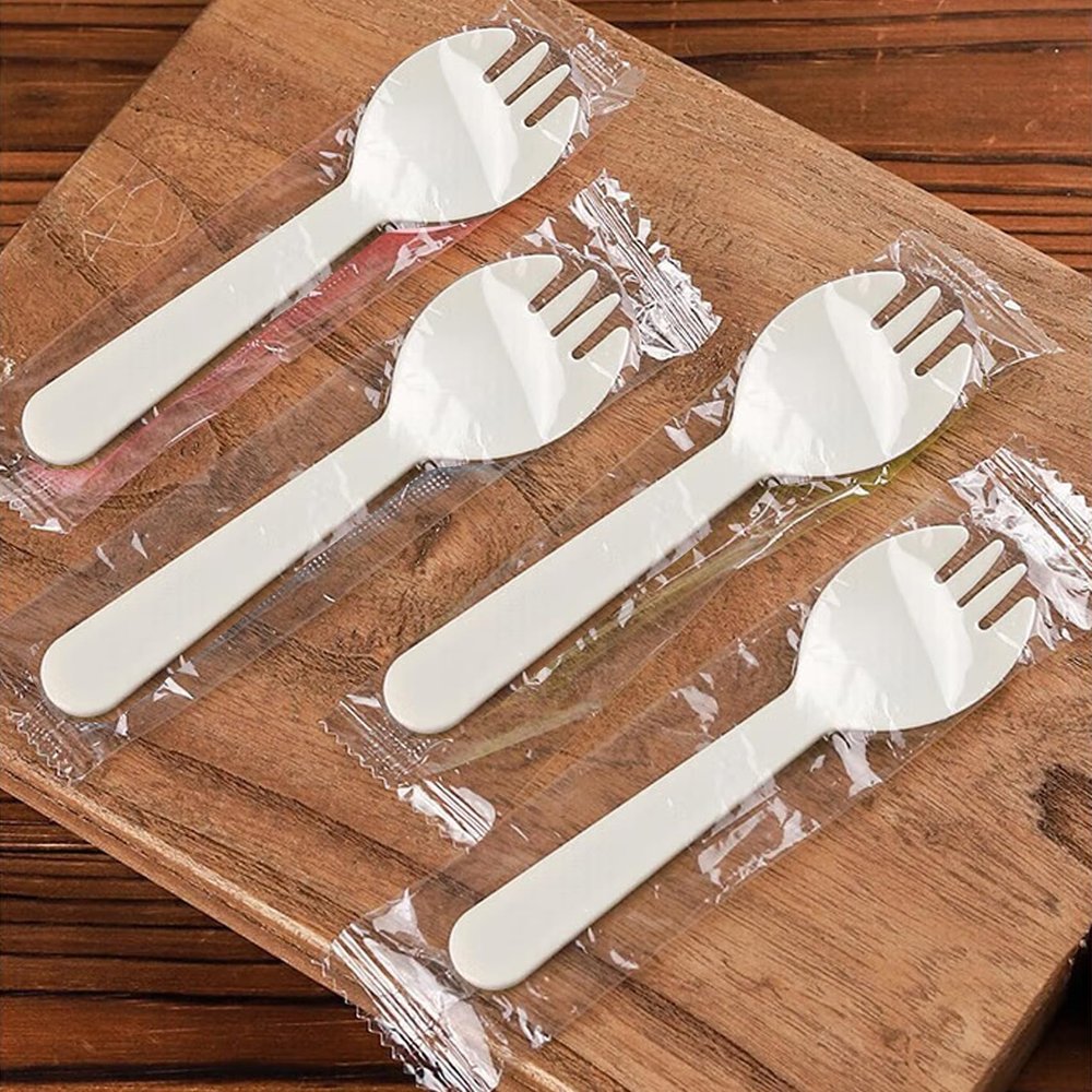 100PCS Disposable Sporks, Individually Packaged Plastic Spork for Cakes, Desserts, Ice Cream, Bread, Fork Spoon for Party, Wedding, Picnics, Buffet (White)