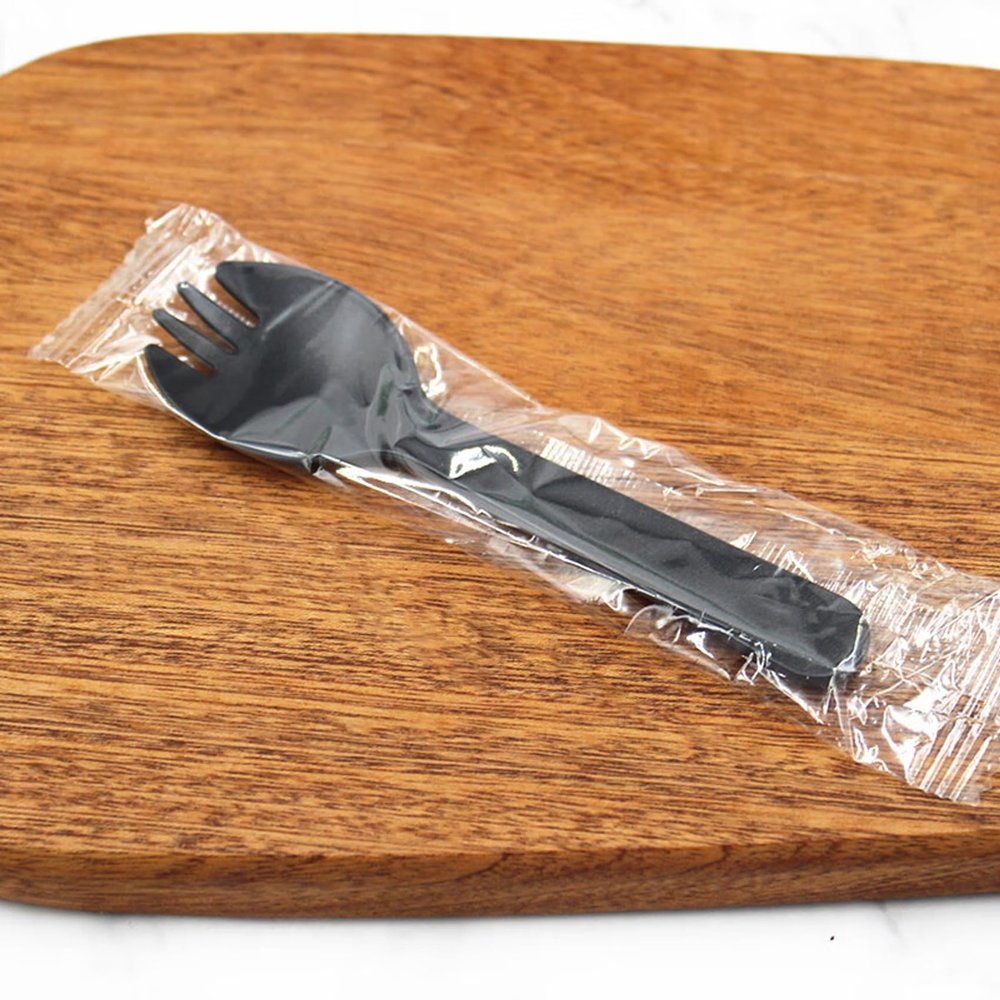 100PCS Disposable Sporks, Individually Packaged Plastic Spork for Cakes, Desserts, Ice Cream, Bread, Fork Spoon for Party, Wedding, Picnics, Buffet (Black)