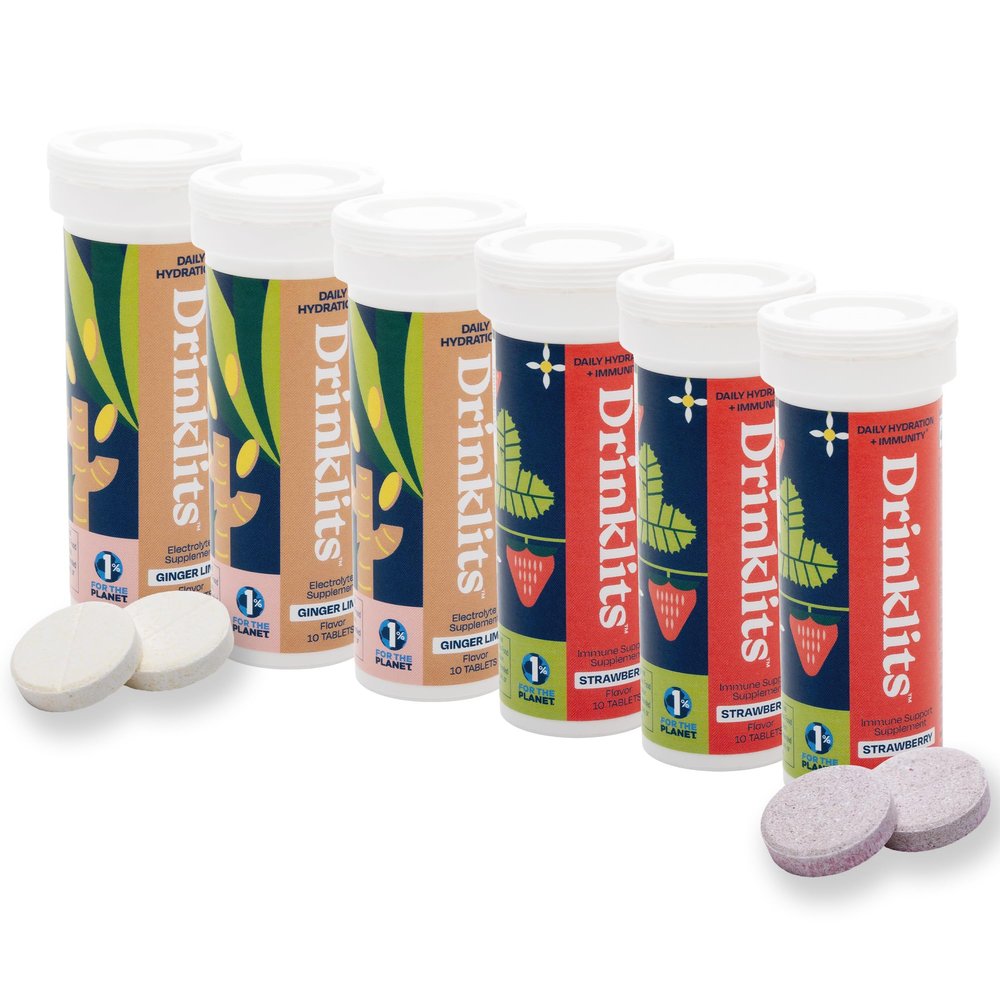 Drinklits Ginger-Lime Electrolyte Hydration & Strawberry Immunity Tablets (6) Tube Combo Pack | Great Taste Gluten Free Daily Use | 60 Servings (10 Tablets Per Tube)