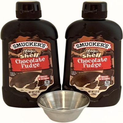 Chicerr Magic Shell Chocolate Fudge Flavor Ice Cream Topping (Two 7.25oz bottles) Bundle with Two Stainless Steel Sauce Cups, 1.5 oz each