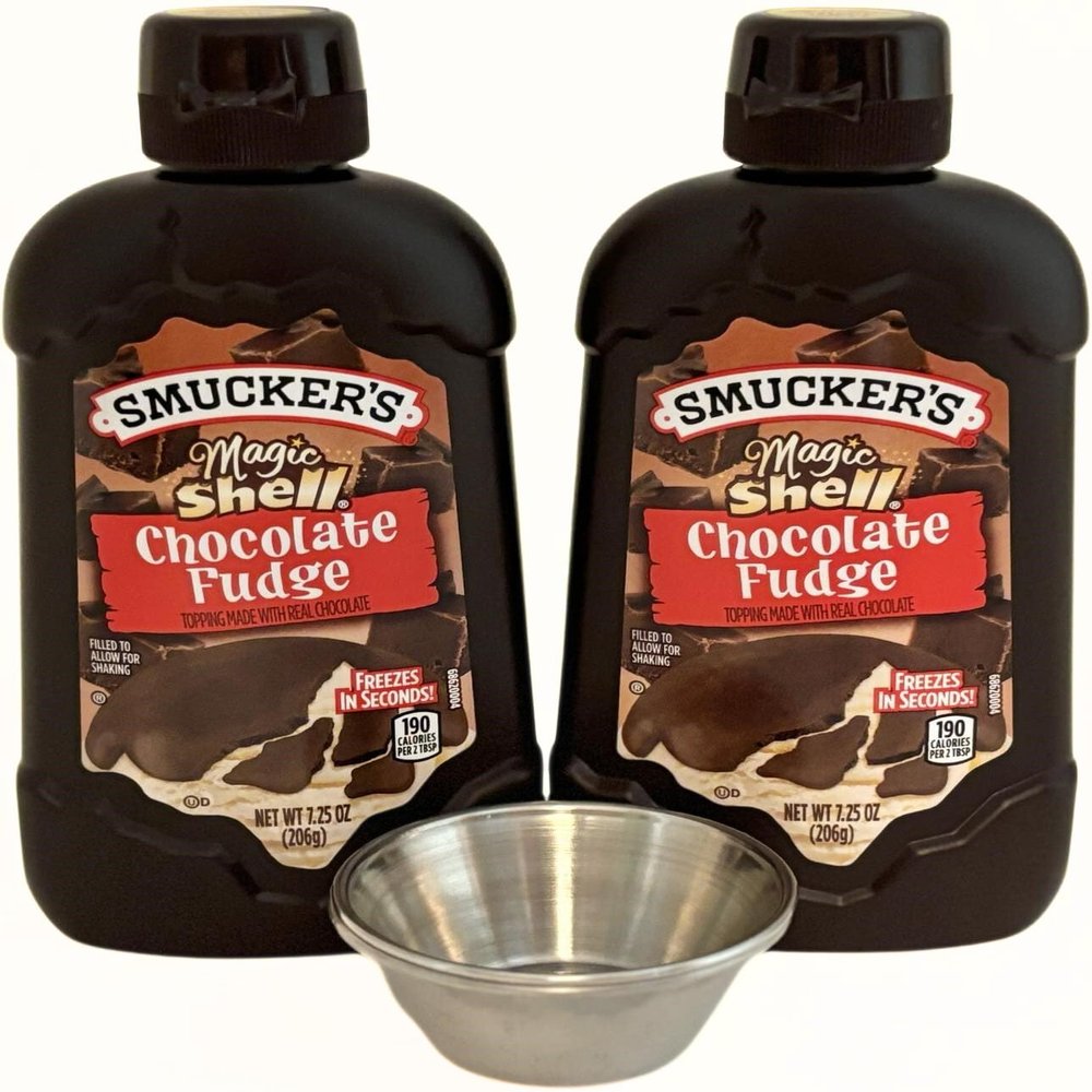 Chicerr Magic Shell Chocolate Fudge Flavor Ice Cream Topping (Two 7.25oz bottles) Bundle with Two Stainless Steel Sauce Cups, 1.5 oz each