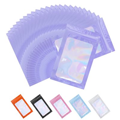 100 Pack Resealable Bags Clear Holographic Bags Smell Proof Packaging Baggies,Mylar Bags for Food Storage,Bags for Small Business,Snack, Cookie, Jewelry Sample, Candy, Gift (Purple, 2.43.9 inch)
