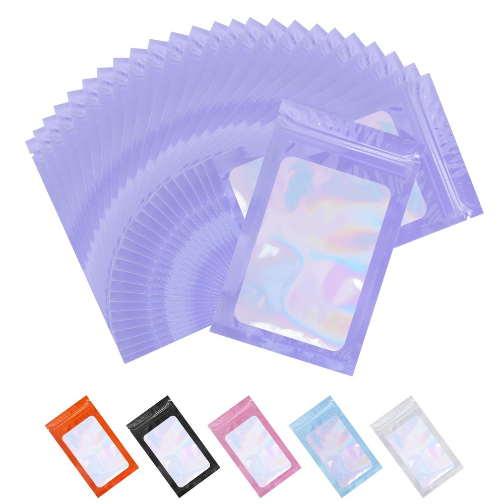 100 Pack Resealable Bags Clear Holographic Bags Smell Proof Packaging Baggies,Mylar Bags for Food Storage,Bags for Small Business,Snack, Cookie, Jewelry Sample, Candy, Gift (Purple, 2.43.9 inch)