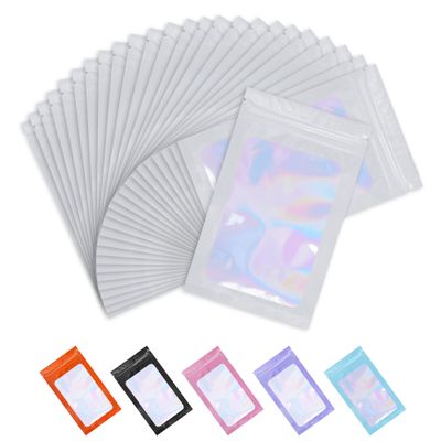 100 Pack Resealable Bags Clear Holographic Bags Smell Proof Packaging Baggies,Mylar Bags for Food Storage,Bags for Small Business,Snack, Cookie, Jewelry Sample, Candy, Gift (White, 2.43.9 inch)