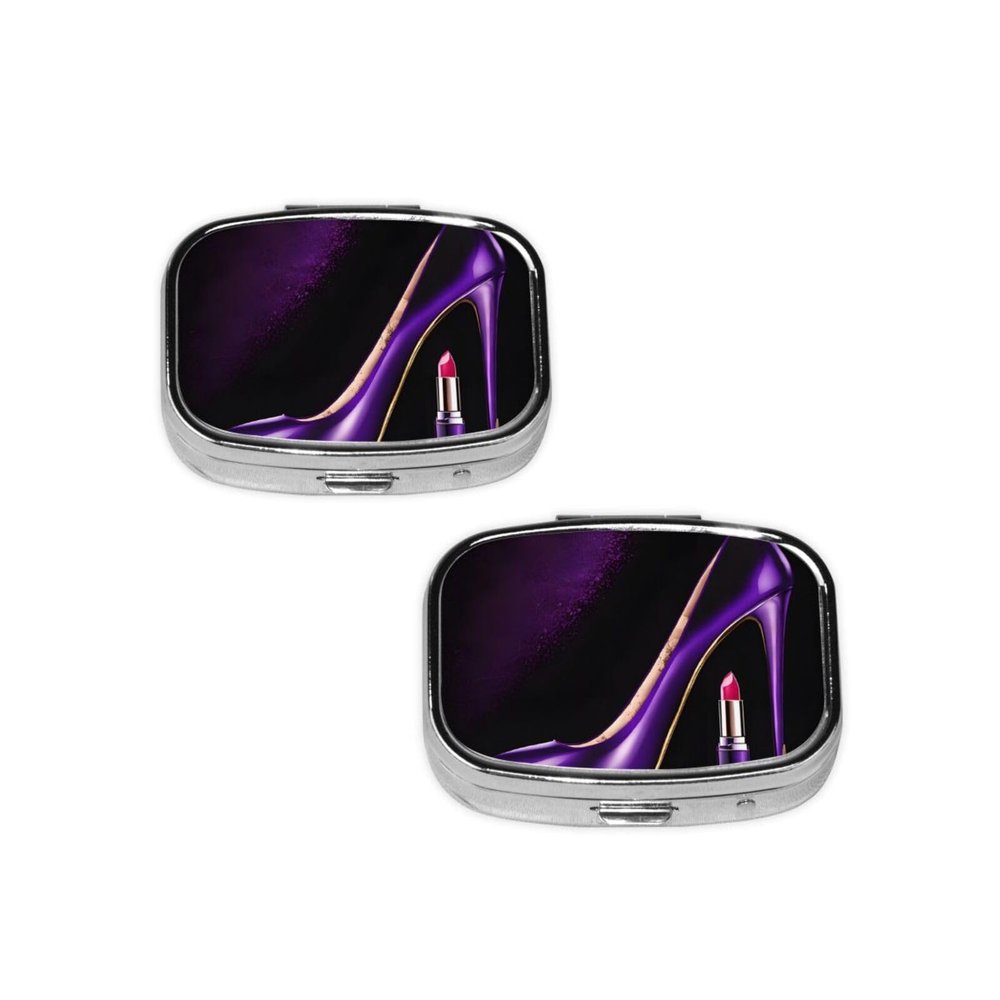 MLMNBVC 2 Pcs Square Pill Box with 2 Compartment Small Pill Organizer Portable Pill Case Vitamin Containers, Travel Essentials 2.2 x 1.6 x 0.7 inches - Elegant Purple High Heels with Lipstick, Black
